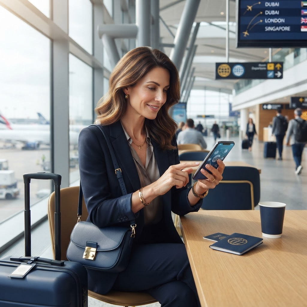 Professional using a mobile device for a secure international payment
